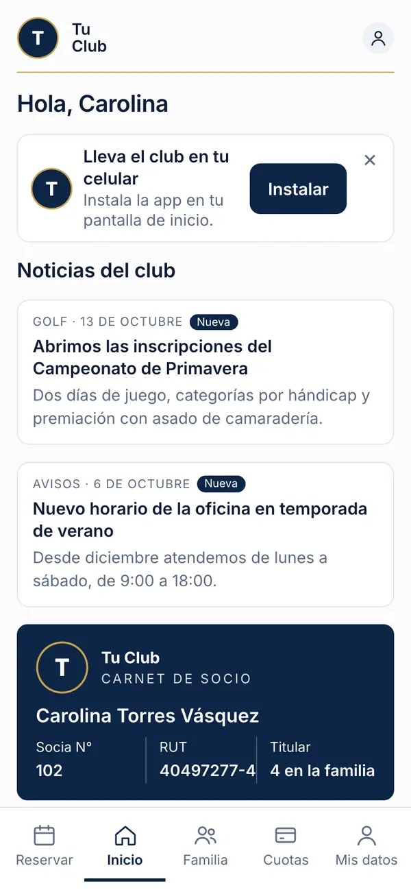 Inicio del socio: noticias del club y su carnet