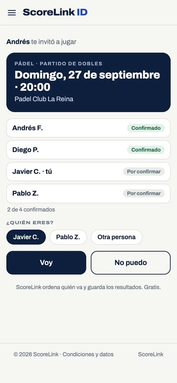 La invitación a un partido de pádel: quiénes confirmaron, «¿quién eres?» y los botones Voy y No puedo