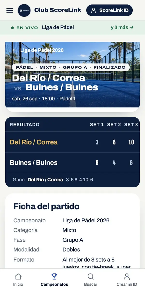 Pádel en el celular: el resultado de un partido de la liga, set a set