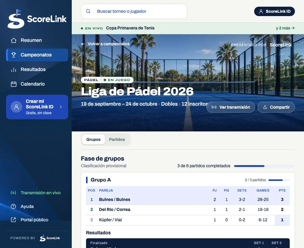 Pádel: fase de grupos de la liga con tabla de parejas y resultados por sets