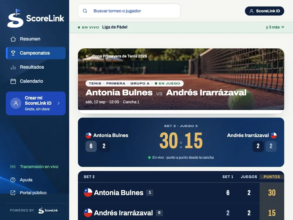 Tenis: partido en vivo punto a punto, con sets, juego actual y marcador desde la cancha